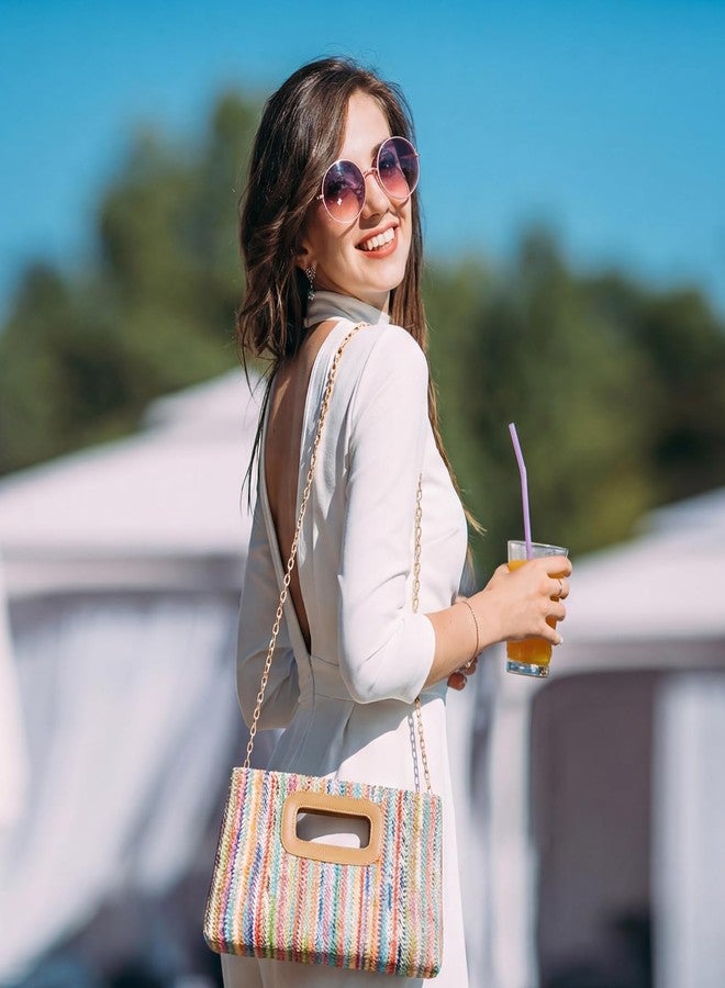 بيسيس حقيبة يد نسائية من القش من بيسيز، حقيبة يد صيفية منسوجة بسلسلة قابلة للفصل، حقيبة شاطئ، حقيبة يد بمقبض علوي، حقيبة سهرة سوداء - Image 2