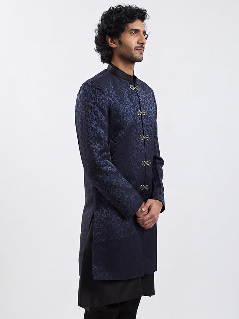 VASTRAMAY Men's Navy Blue Silk Blend Sherwani Only Top - Silk Blend Jacquard Indo Western for Men - Image 2