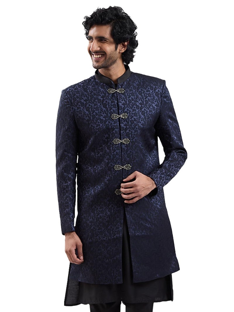 VASTRAMAY Men's Navy Blue Silk Blend Sherwani Only Top - Silk Blend Jacquard Indo Western for Men - Image 1