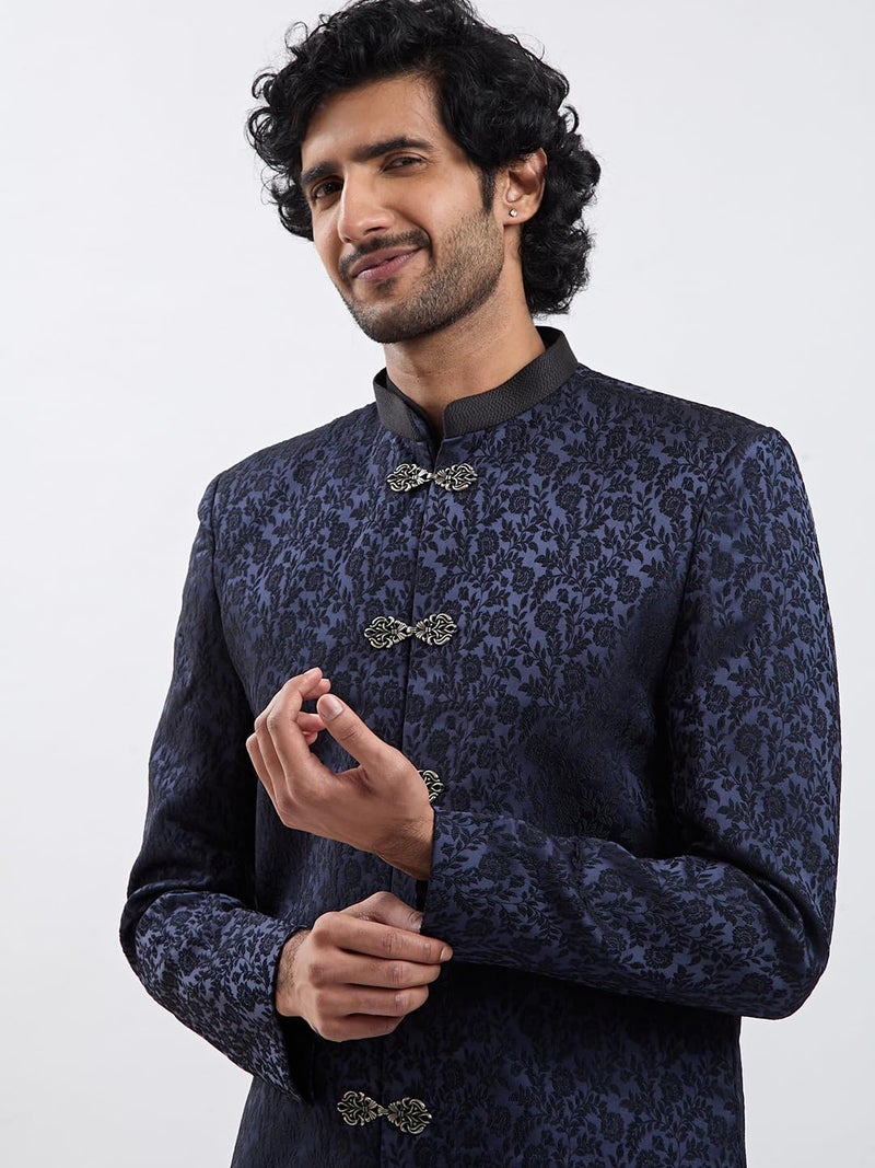 VASTRAMAY Men's Navy Blue Silk Blend Sherwani Only Top - Silk Blend Jacquard Indo Western for Men - Image 3
