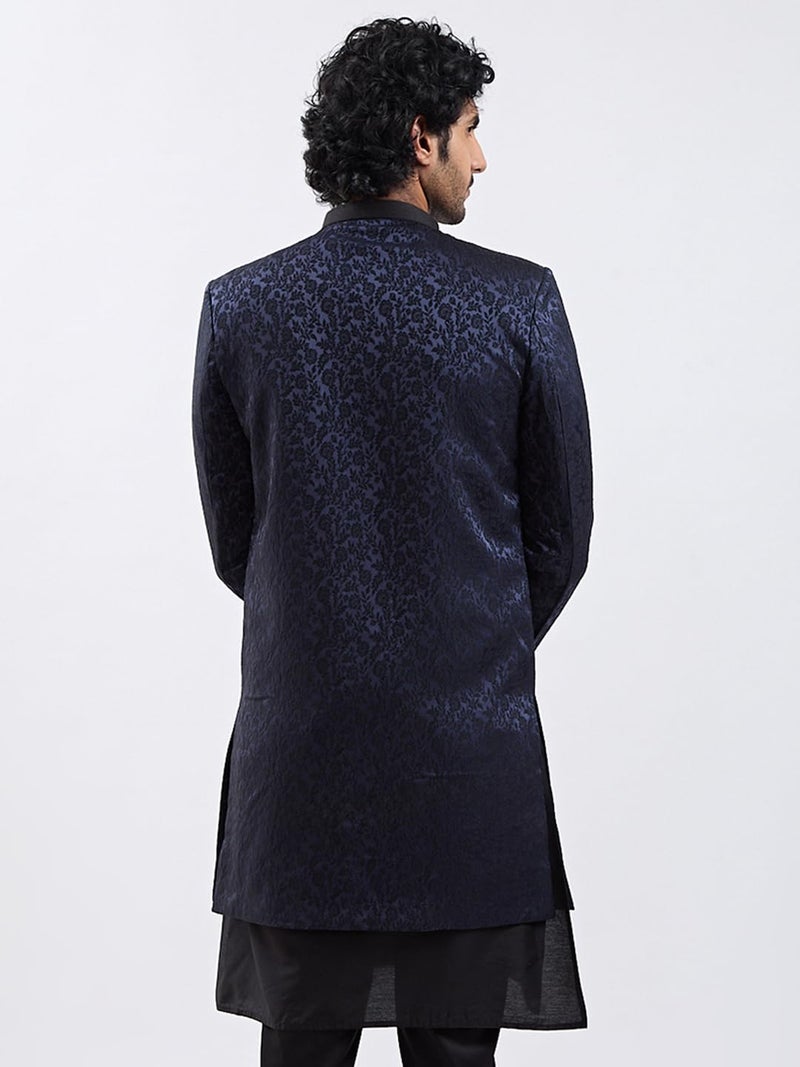 VASTRAMAY Men's Navy Blue Silk Blend Sherwani Only Top - Silk Blend Jacquard Indo Western for Men - Image 4