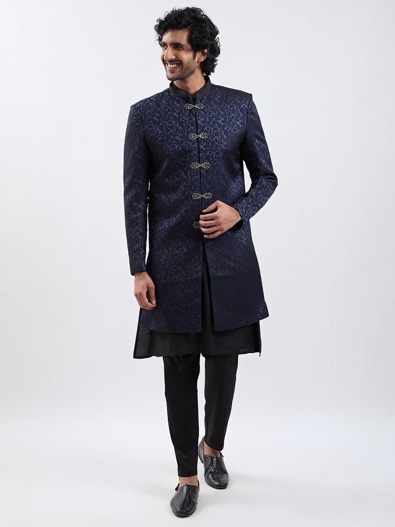 VASTRAMAY Men's Navy Blue Silk Blend Sherwani Only Top - Silk Blend Jacquard Indo Western for Men - Image 5