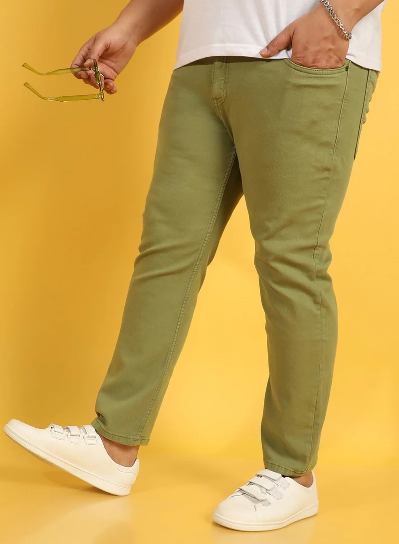 Instafab Plus Men's Green Solid Denim Jeans For Casual Wear | Dark-Wash | Plus-Size Fit | Button Closure | Plus-Size Denim Jeans Crafted With Comfort Fit For Everyday Wear