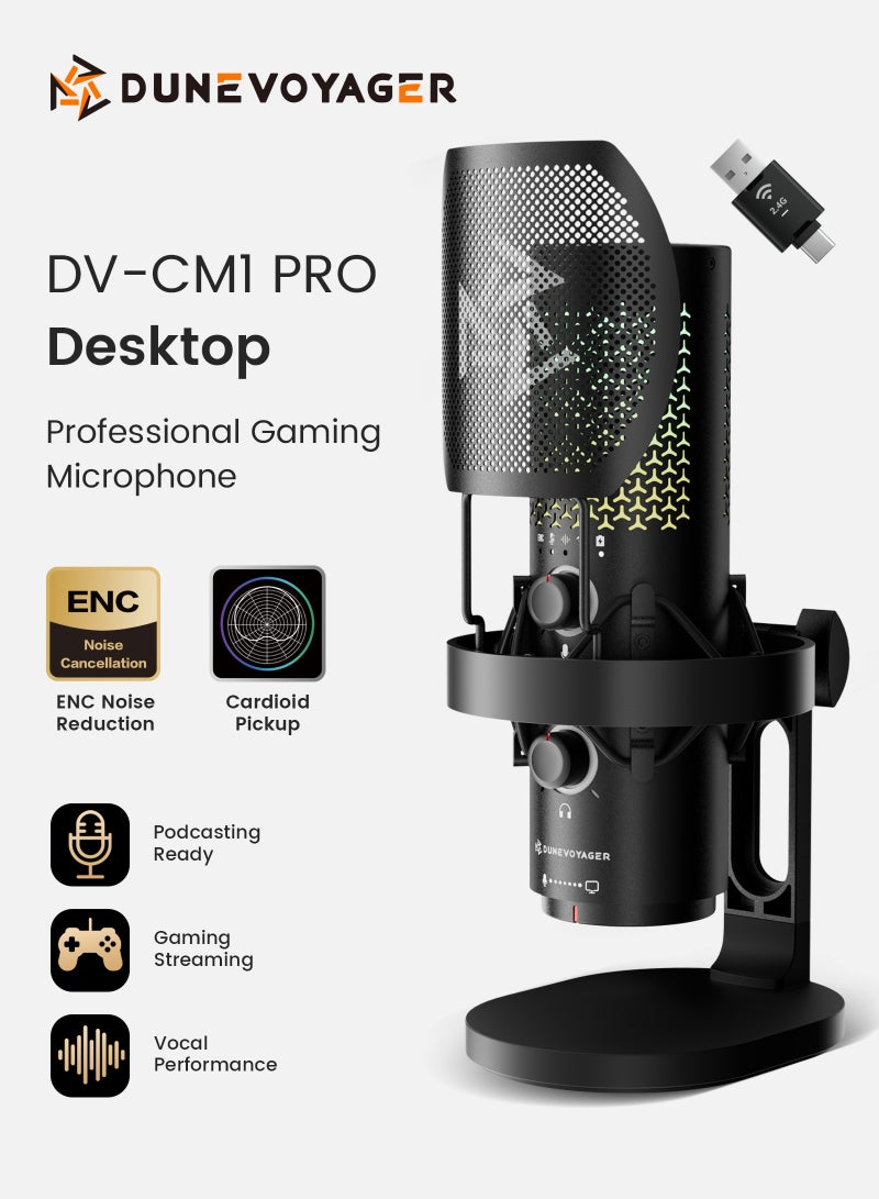 مسافر الكثبان ميكروفون CM1 PRO مكتبي للألعاب والبث والبودكاست، ميكروفون كوندنسر لاسلكي 2.4G USB-C، بنمط التقاط قلبي، كتم بلمسة واحدة، تقليل ضوضاء ENC، إضاءة RGB، فلتر Pop Filter ومراقبة سماعة الرأس - Image 1