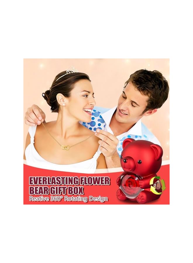 The Bros دب تيدي لطيف مع وردة محفوظة، صندوق هدايا دب وردة أبدية، زهرة أبدية مع صناديق مجوهرات قلادة دب، هدية رومانسية لها في عيد الحب، عيد الأم، حفلات الزفاف - Image 5