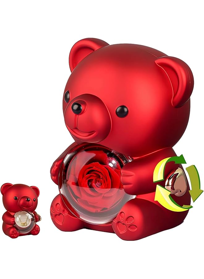 The Bros دب تيدي لطيف مع وردة محفوظة، صندوق هدايا دب وردة أبدية، زهرة أبدية مع صناديق مجوهرات قلادة دب، هدية رومانسية لها في عيد الحب، عيد الأم، حفلات الزفاف - Image 1