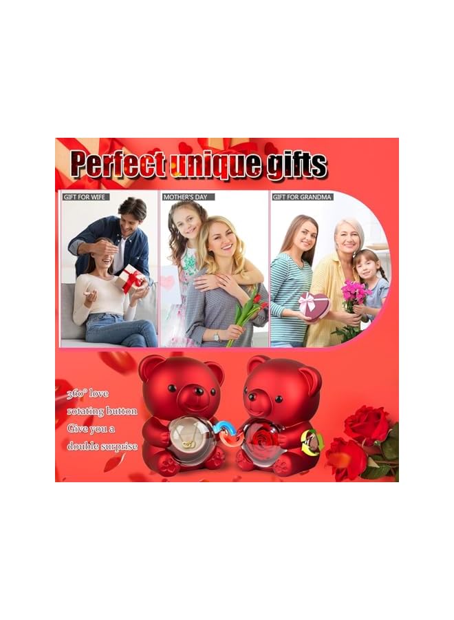 The Bros دب تيدي لطيف مع وردة محفوظة، صندوق هدايا دب وردة أبدية، زهرة أبدية مع صناديق مجوهرات قلادة دب، هدية رومانسية لها في عيد الحب، عيد الأم، حفلات الزفاف - Image 2