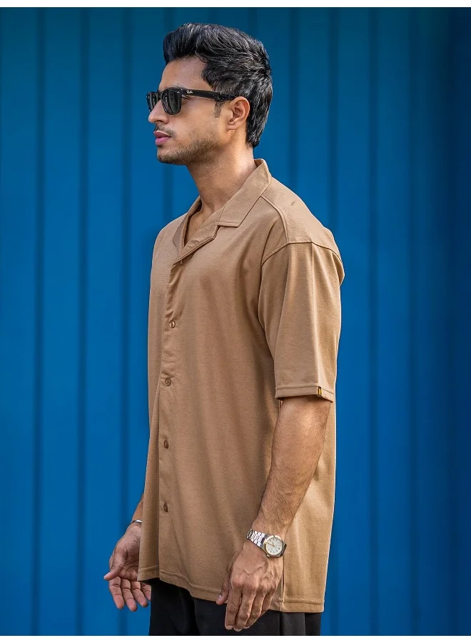 Maniac  Maniac Mens Solid Collar Neck Half Sleeve Sand Color CottonBlend Shirt for Men | Best Price UAE