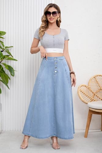 ebossy Women's Retro High Waisted Button Fly Flared Long Jean Skirts Pleated Flowy Swing A-line Denim Maxi Skirts (M, Light Blue) - Image 2