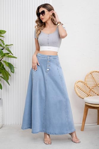 ebossy Women's Retro High Waisted Button Fly Flared Long Jean Skirts Pleated Flowy Swing A-line Denim Maxi Skirts (M, Light Blue) - Image 3