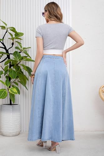 ebossy Women's Retro High Waisted Button Fly Flared Long Jean Skirts Pleated Flowy Swing A-line Denim Maxi Skirts (M, Light Blue) - Image 5