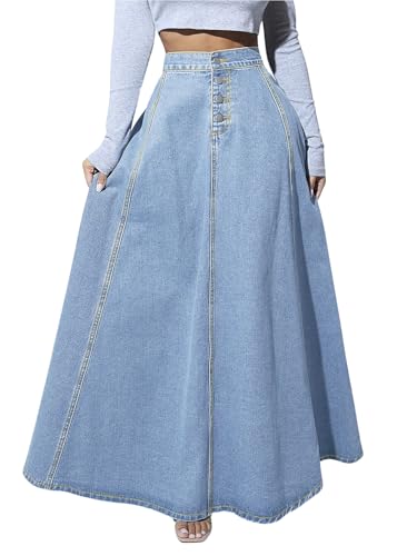ebossy Women's Retro High Waisted Button Fly Flared Long Jean Skirts Pleated Flowy Swing A-line Denim Maxi Skirts (M, Light Blue) - Image 1