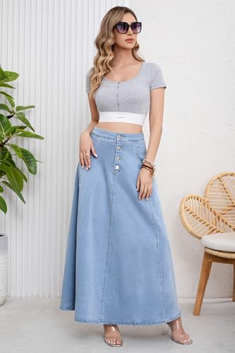 ebossy Women's Retro High Waisted Button Fly Flared Long Jean Skirts Pleated Flowy Swing A-line Denim Maxi Skirts (M, Light Blue) - Image 4