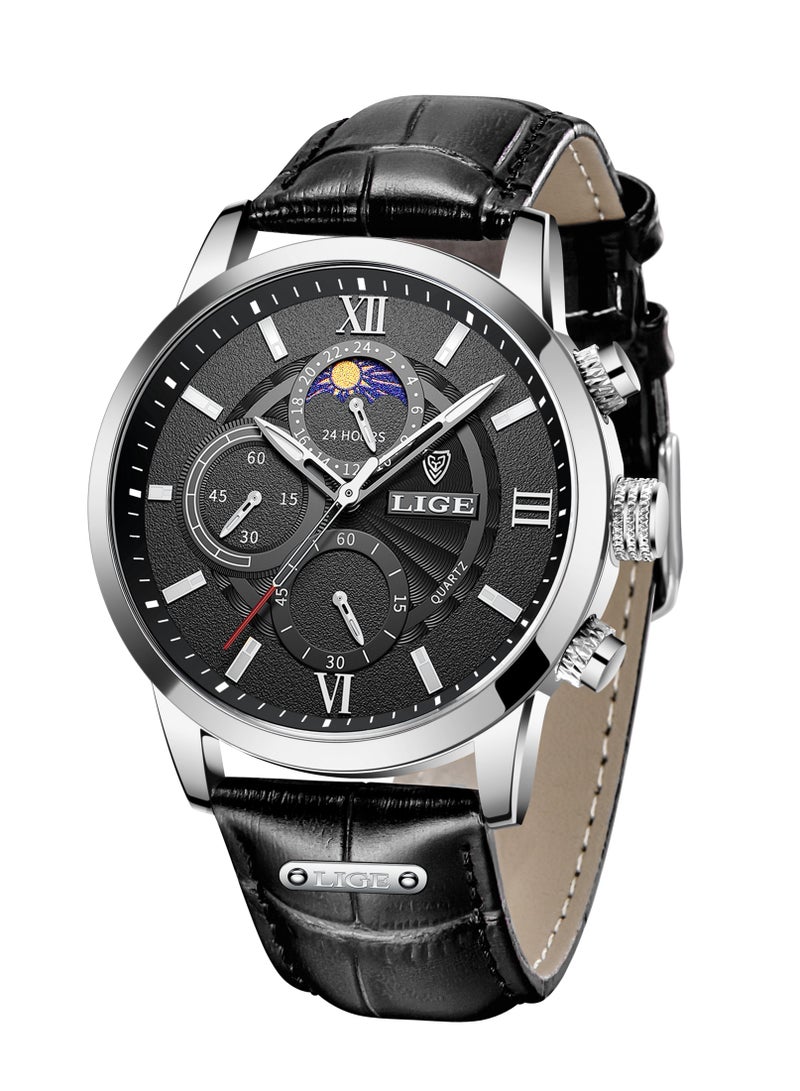 لييج ساعة رجالية أنيقة ورائعة، مقاومة للماء، ساعة كوارتز بتقويم، حزام جلدي كاجوال، مينا فضية سوداء - Image 1