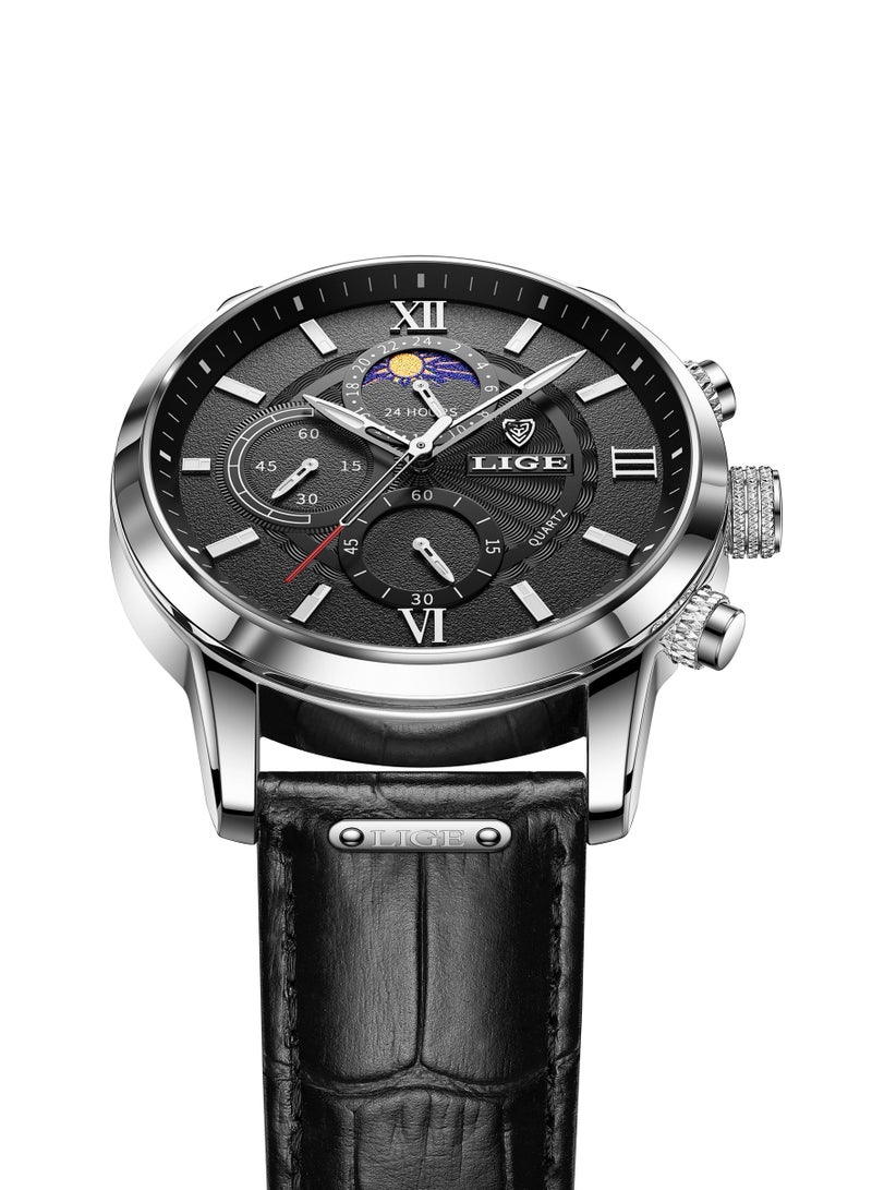 لييج ساعة رجالية أنيقة ورائعة، مقاومة للماء، ساعة كوارتز بتقويم، حزام جلدي كاجوال، مينا فضية سوداء - Image 3