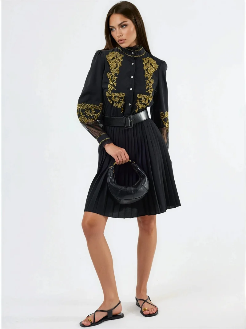 Jennyfer Embroidered Mandarin Collar Mini Dress