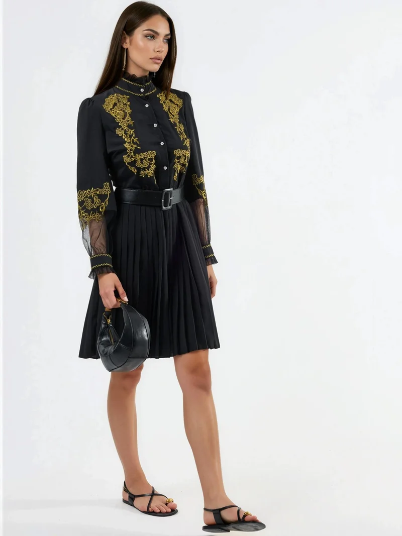 Jennyfer Embroidered Mandarin Collar Mini Dress