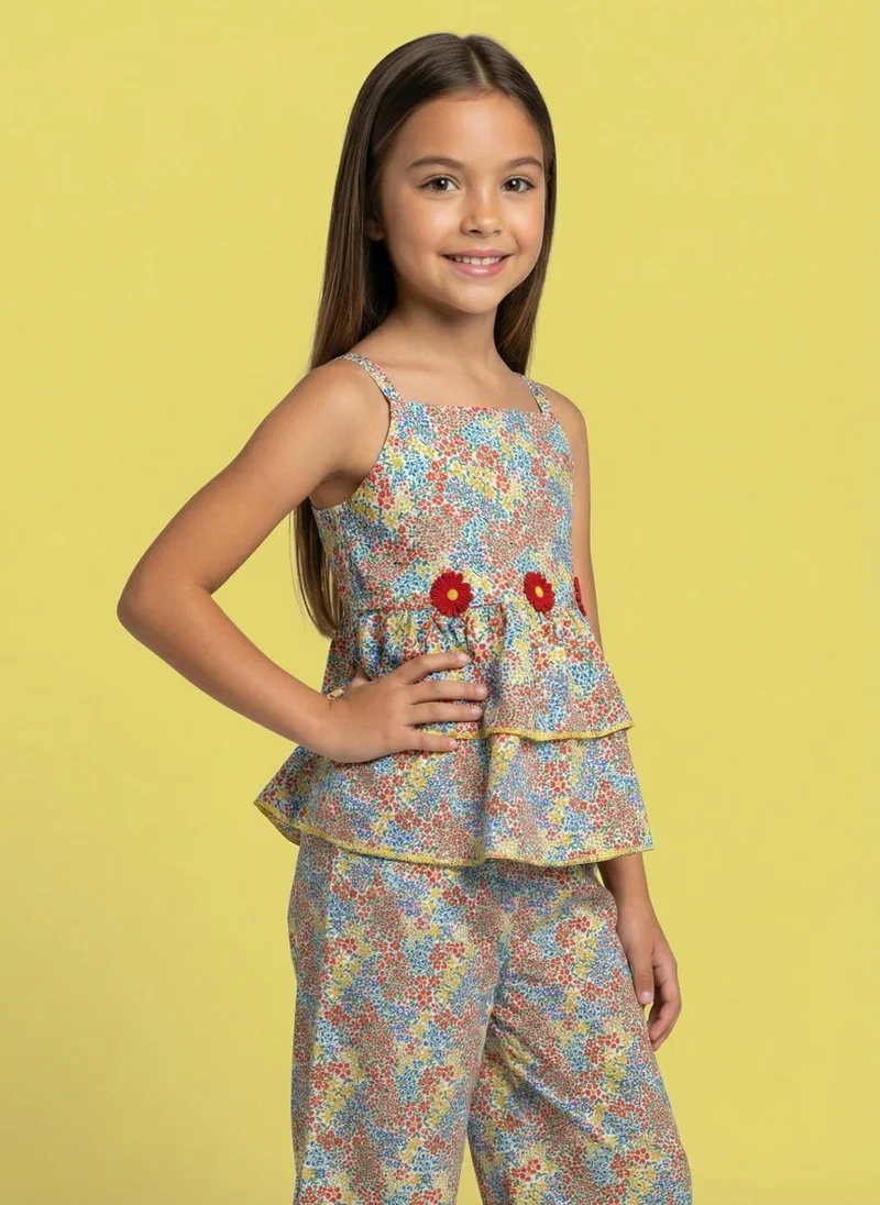 نوتيناتي Nautinati Girls Tropical Floral Print Strappy Peplum Top with Wide Legged Pants Set