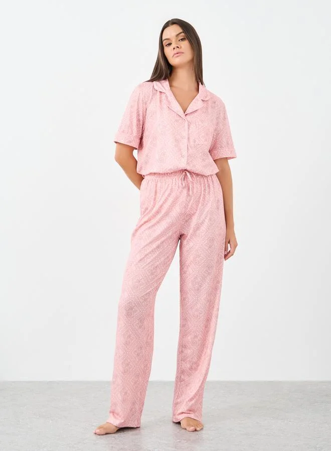 Styli Styli Floral Print Piped Shirt and Pyjama Set