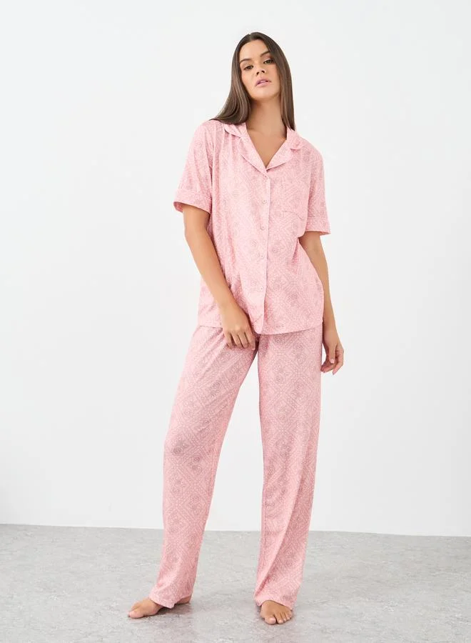 Styli Styli Floral Print Piped Shirt and Pyjama Set