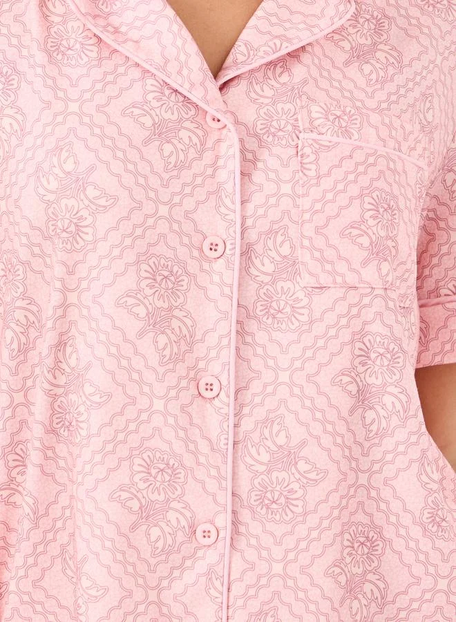 Styli Styli Floral Print Piped Shirt and Pyjama Set
