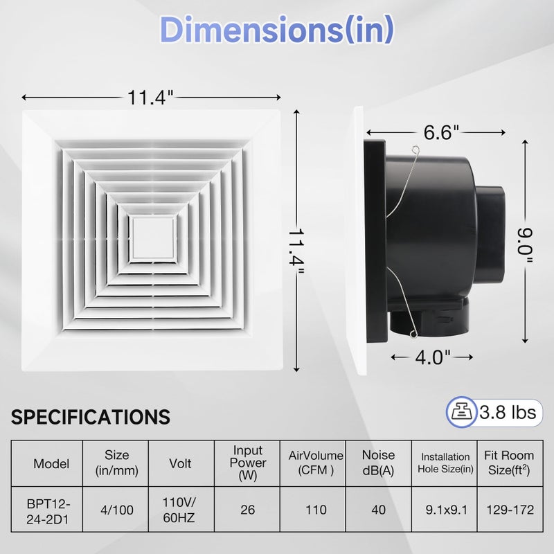 Fanspex Bathroom Ceiling Exhaust Fan, Household Bath Vent Ventilation Fan with 1.0 Sones Quiet Operation, 110 CFM (Housing Size 9.1"x9.1") - Image 2