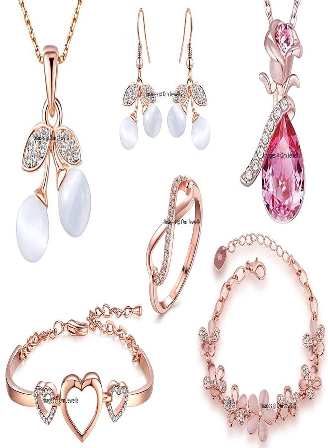 Okos Rose Gold Plated Crystal Jewellery Combo Set Of 2 Adjustable Link Bracelets, Infinity Finger Ring, Dew Drop Pendant And Cherry Shape Pendant Necklace Set Crafted For Women CO1000352 - Image 1