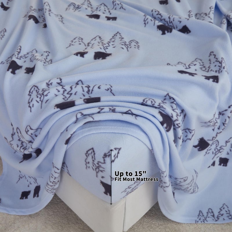 Viviland Micro Fleece Full Bed Sheet Set, Christmas Holiday Flannel-Like Polar Fleece Fitted Sheets with 15" Deep Pocket, Blue Bear Printed Winter Velvet/Velour Double Sheets & Pillowcase Set - Image 3