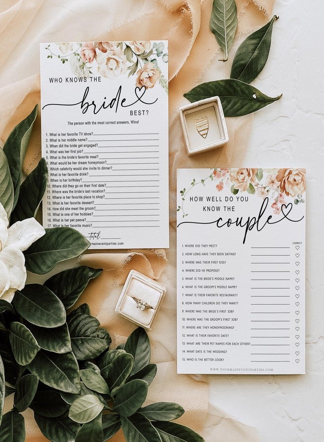 Your Main Event Prints 50 Pack of Bridal Shower Games, How Well Do You Know The Couple and Who Knows The Bride Best, Floral Modern Minimalistic Design. - Image 2