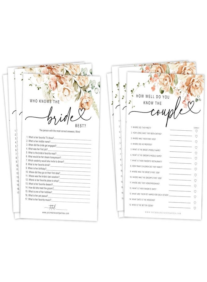 Your Main Event Prints 50 Pack of Bridal Shower Games, How Well Do You Know The Couple and Who Knows The Bride Best, Floral Modern Minimalistic Design. - Image 1