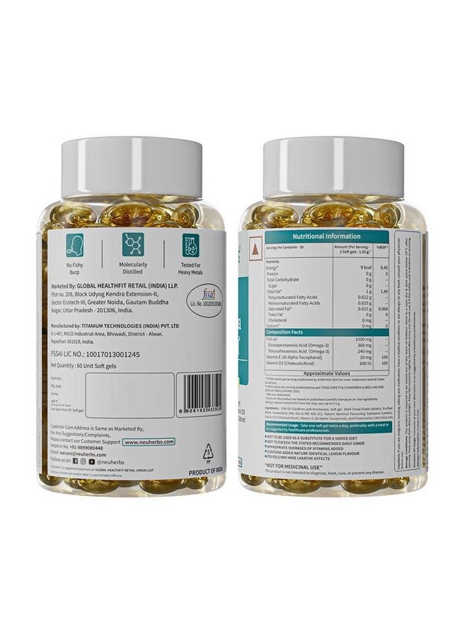 Neuherbs Mini Deep Sea Fish Oil Omega 3 Capsule 1000Mg- 60 Softgels for Men & Women |2X Omega 3 with 360Mg Epa & 240Mg Dha | Fish Oil Capsules with Vitamin D3 & E -Lemon Flavour, 71 grams - Image 4