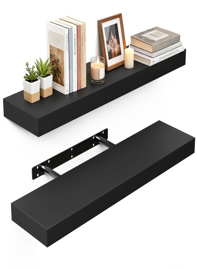 BAMEOS Floating Shelves Wall Mounted Wooden Shelves with Invisible Brackets Set of 2, Hanging Wall Decor for Bedroom, Bathroom, Living Room and Kitchen - Image 1