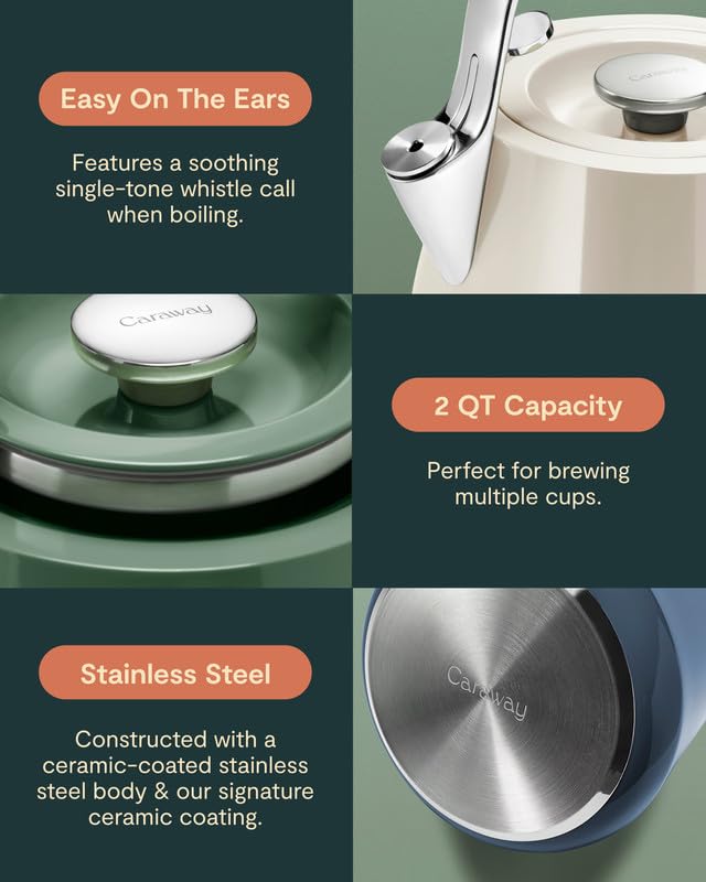 CARAWAY Caraway 2 Quart Whistling Tea Kettle - Durable Stainless Steel Tea Pot - Fast Boiling, Stovetop Agnostic - Non-Toxic, PTFE & PFOA Free - Includes Pot Holder - Cream  - Image 3