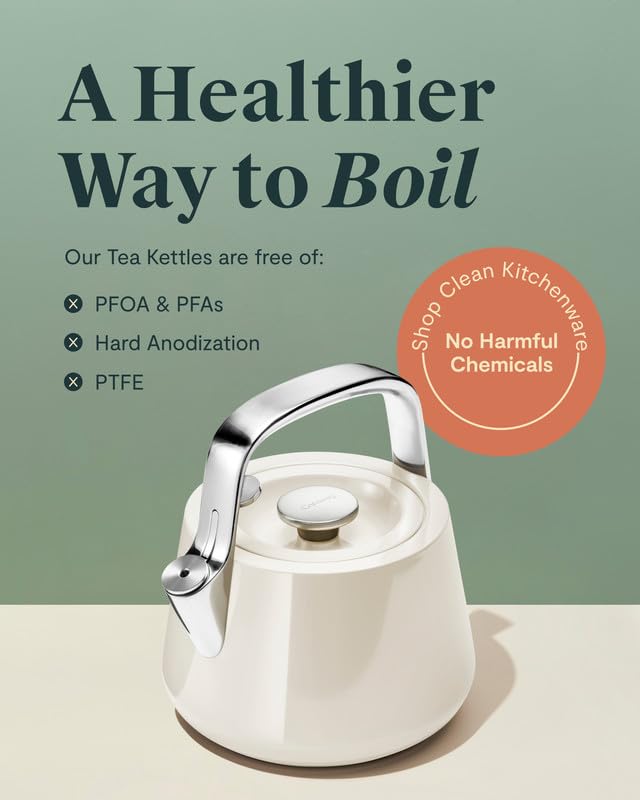 CARAWAY Caraway 2 Quart Whistling Tea Kettle - Durable Stainless Steel Tea Pot - Fast Boiling, Stovetop Agnostic - Non-Toxic, PTFE & PFOA Free - Includes Pot Holder - Cream  - Image 5