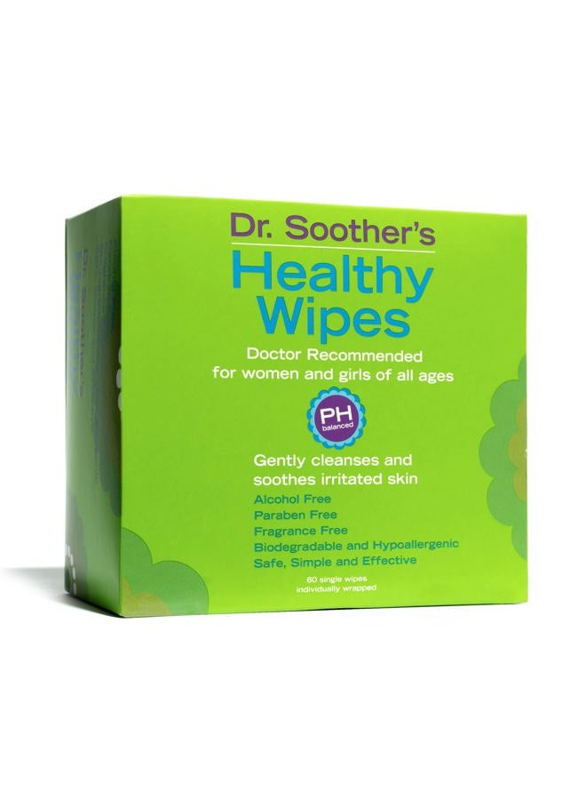 Dr. Soother's مناديل صحية - مناديل صحية نسائية متوازنة الرقم الهيدروجيني - بدون رائحة - مضادة للحساسية - خالية من الكحول والعطور - قابلة للتحلل - 60 مناديل تنظيف مغلفة بشكل فردي للنساء والفتيات - Image 1