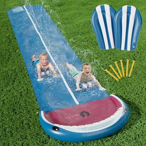 Jasonwell Slip and Slide Lawn Waterslide 20Ft Heavy Duty Lawn Slip Water Slide for Kids Adults with Splash Sprinkler N 2 Bodyboards Backyard Summer Outside Outdoor Water Play Toys Shark2Lanes - Image 1