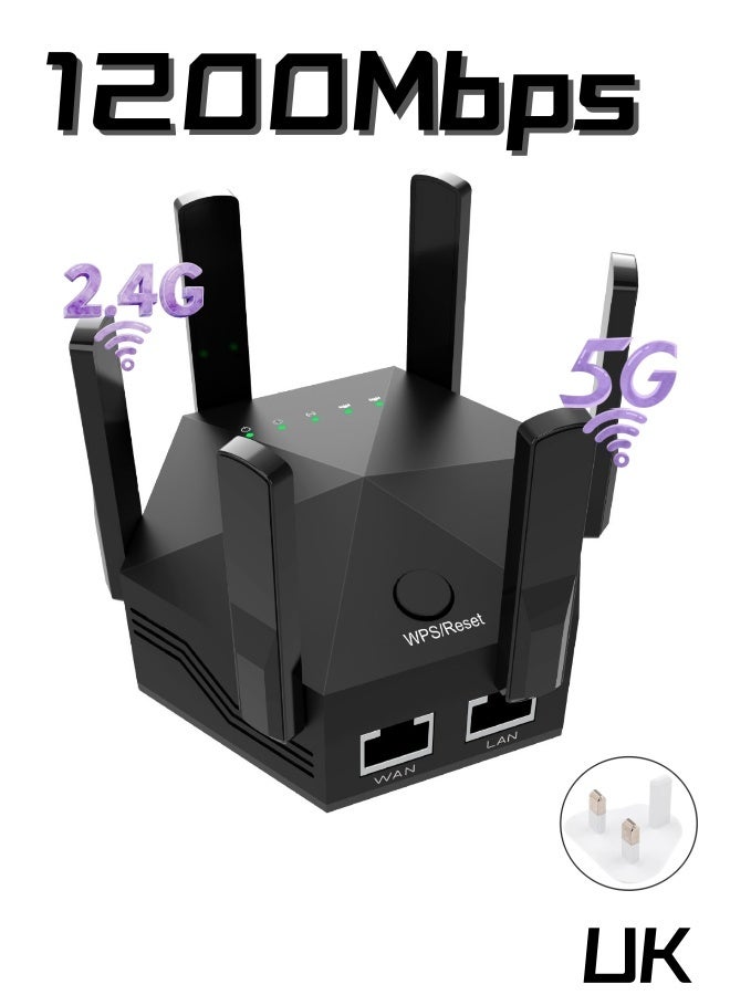 معزز ومكرر شبكة واي فاي لاسلكي طويل المدى بتردد 5 جيجاهرتز/2.4 جيجاهرتز، 6 هوائيات، 1200 ميجابت في الثانية، ثنائي النطاق، تغطية تصل إلى 10000 قدم مربع - أسود - Image 1
