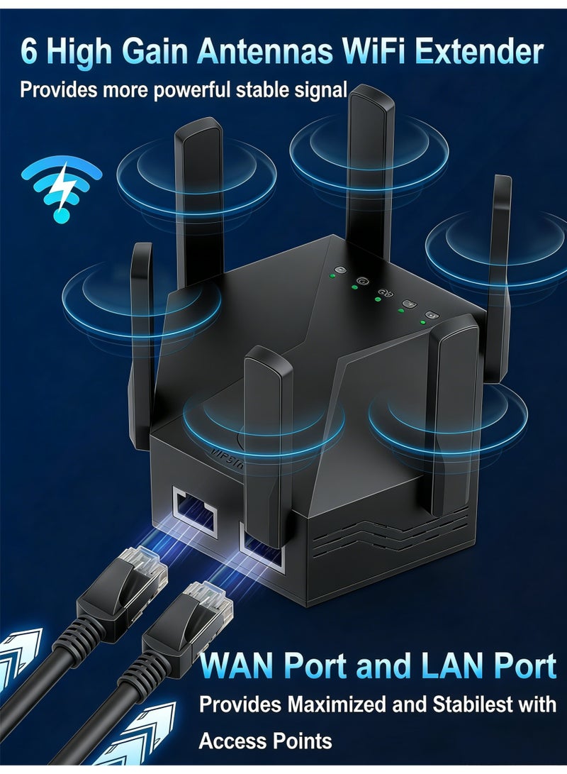 AURIEL 6 Antenna Wireless WiFi Repeater, 1200Mbps Dual Band 5GHz/2.4GHz Long Range Wireless Internet WiFi Booster Extender, 360° Full Coverage, with Coverage Up to 10,000 Square Feet - Black - Image 3