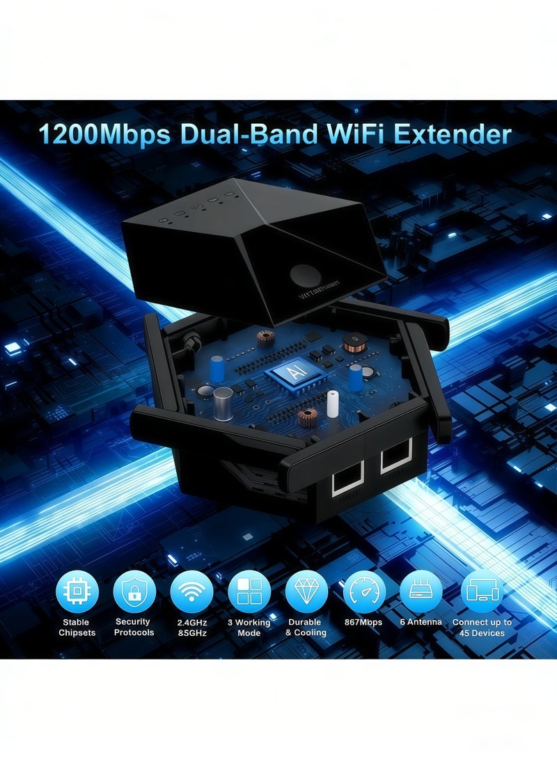 AURIEL 6 Antenna Wireless WiFi Repeater, 1200Mbps Dual Band 5GHz/2.4GHz Long Range Wireless Internet WiFi Booster Extender, 360° Full Coverage, with Coverage Up to 10,000 Square Feet - Black - Image 2