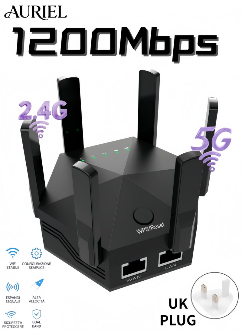 AURIEL 6 Antenna Wireless WiFi Repeater, 1200Mbps Dual Band 5GHz/2.4GHz Long Range Wireless Internet WiFi Booster Extender, 360° Full Coverage, with Coverage Up to 10,000 Square Feet - Black - Image 1