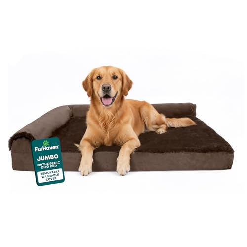 FurHaven Orthopedic Dog Bed for Large Dogs LShaped Chaise Mattress Egg Crate with a Solid Orthopedic Foam Base for Joint Support Removable Washable Cover Jumbo XL Plush Velvet Sable Brown - Image 1