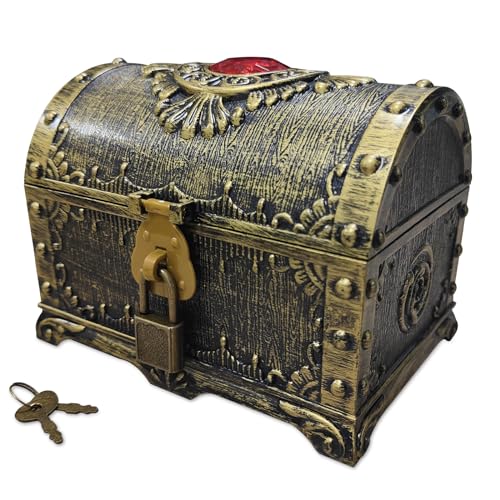 Flyekist Kids Pirate Treasure Chest Storage BoxRed Rhinestone Inlaid Top Decorative Pirate Chest with Lock and Key for Kids BirthdayHalloween Christmas Pirate Party Favors