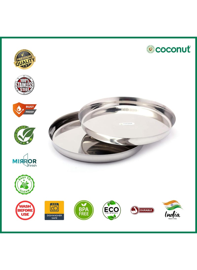 Coconut - coconut Stainless Steel Heavy Guage (22 Guage) Dinner Plate/Thali - 2 Quantity - Diamater - 12 Inch Each Plate - Image 1