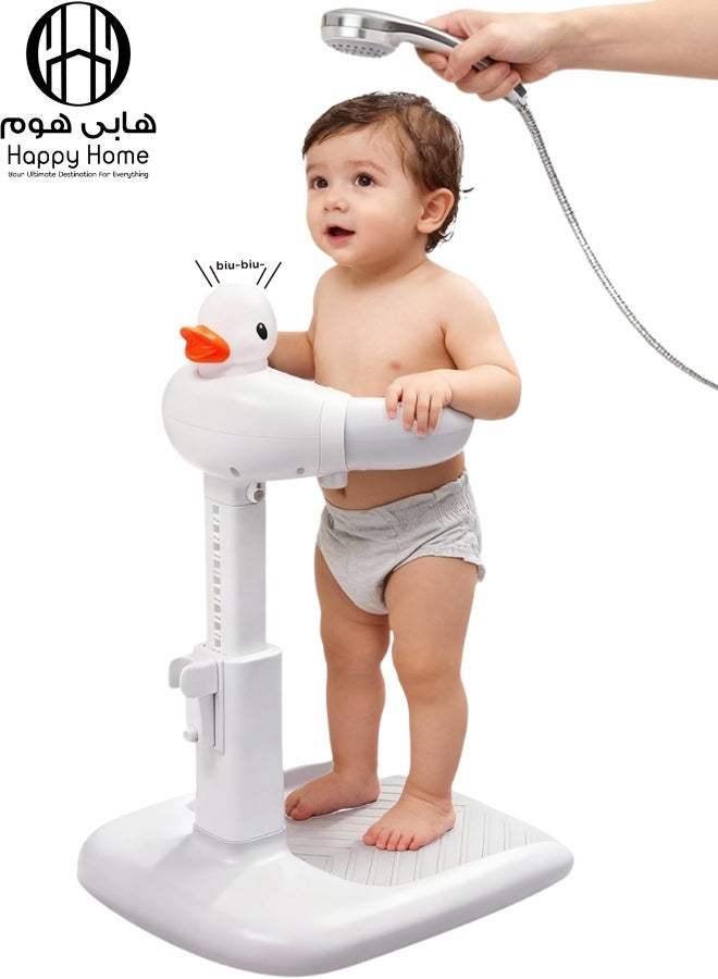 Happy Home Adjustable Baby Bath Stand with Duck Design, Anti-Slip Base Toddler Shower Support Seat, Standing Bath Assistant for Babies 6–36 Months, Foldable Compact Infant Bath Holder with Safety Chest Support, Durable Plastic Free Standing Shower Stand with Hose Holder, Safe Non-Skid Training Bath Aid - Image 1