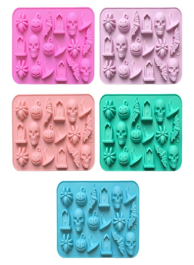 DONGKER Halloween Silicone Mold,5 PCS 18 Cavity 3D Skull Pumpkin Witch Hat Mold for Chocolate Gummy Cream Jelly Cheese Candy Bars - Image 1