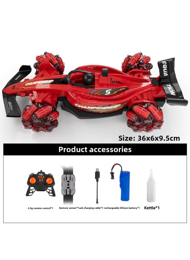 Formula F1 Remote Control Stunt Racing Four-wheel Drive Light Spray Gesture Induction Stunt Drift Toy Car-Color: Spray Formula Drift Racing - Red (handle + Watch)-Scale:  - Image 1
