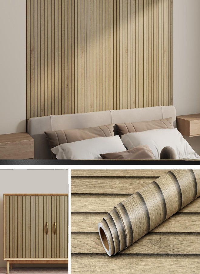 Livelynine Slats Wood Wallpaper Peel and Stick Removable Natural Wood Contact Paper Peel & Stick Accent Wall Vinyl Beadboard Paneling Faux Wood Slat Wall Panel Wallpaper for Bedroom Bathroom 15.8x78.8 - Image 1