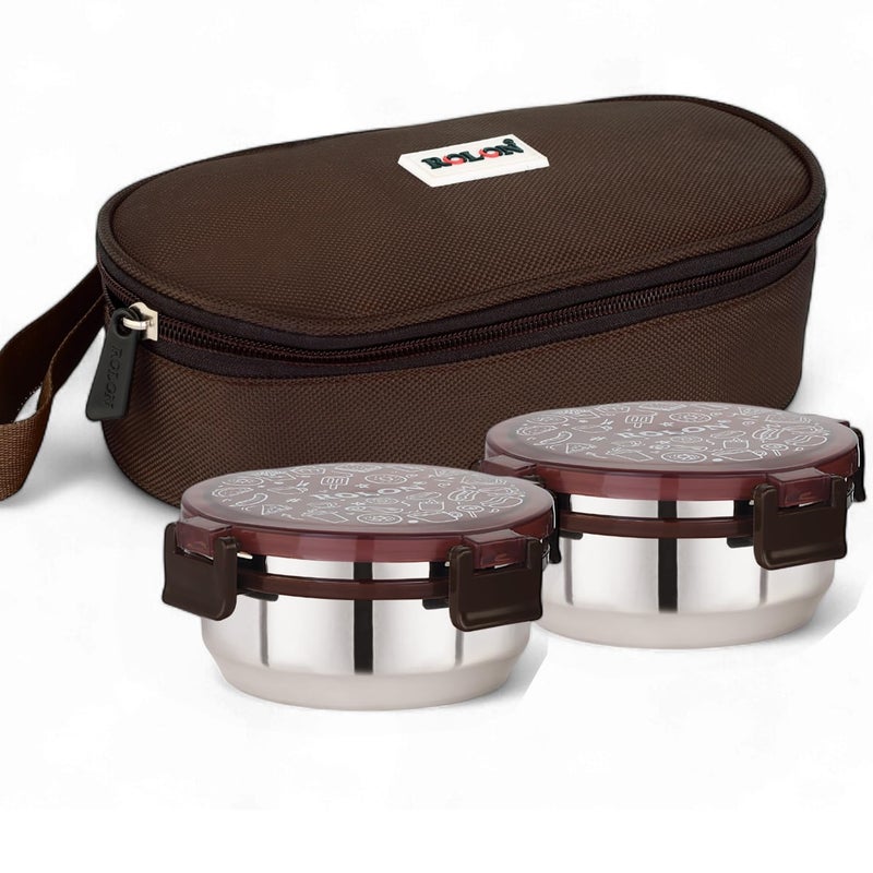 ROLON ROLON Lunch Lock 02 Brown LeakProof Design Portable and Durable Tiffin Box for Adults and Office Use 2 Round Stainless Steel Round Containers 300ml Each with Insulated Soft Pouch  - Image 1
