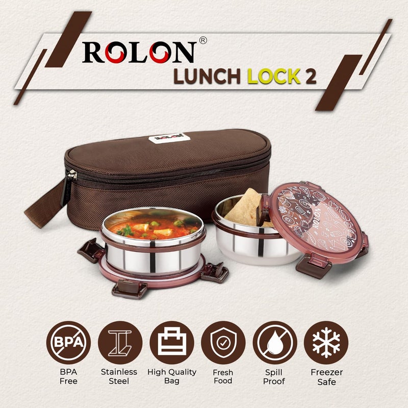 ROLON ROLON Lunch Lock 02 Brown LeakProof Design Portable and Durable Tiffin Box for Adults and Office Use 2 Round Stainless Steel Round Containers 300ml Each with Insulated Soft Pouch  - Image 5
