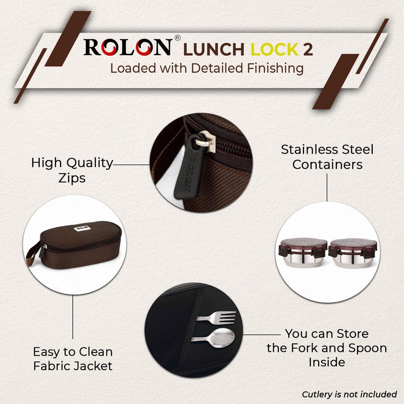 ROLON ROLON Lunch Lock 02 Brown LeakProof Design Portable and Durable Tiffin Box for Adults and Office Use 2 Round Stainless Steel Round Containers 300ml Each with Insulated Soft Pouch  - Image 3